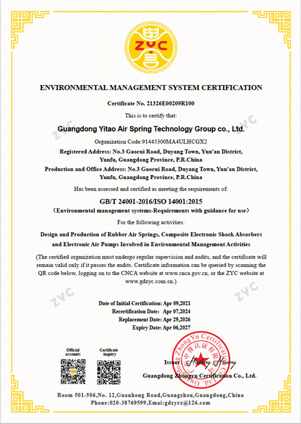 Çin Yitao Air Spring Group Sertifikalar